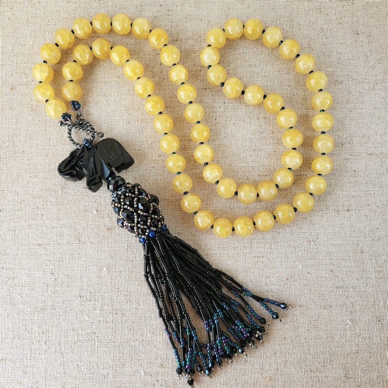 Desert Night lariat citrine necklace with onyx elephant pendant