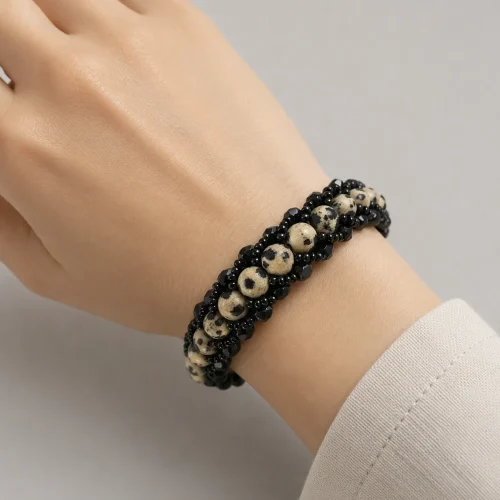 dalmatian jasper beaded bracelet with black crystals (7) xnc