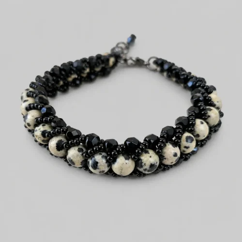 dalmatian jasper beaded bracelet with black crystals (8) xnc