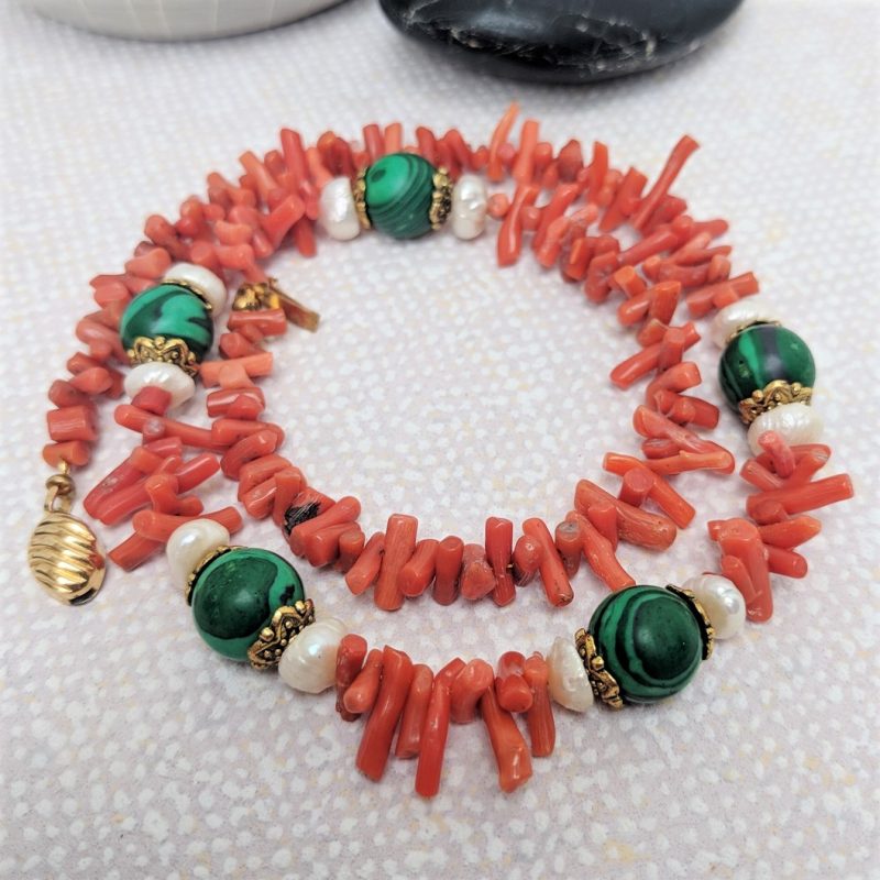 Coral, malachite, and pearl necklace