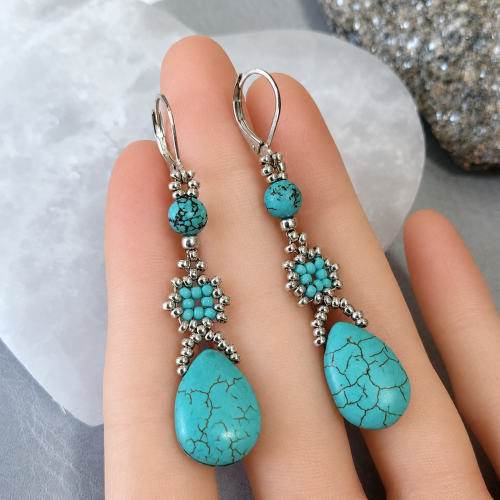 blue howlite turquoise drop earrings, silver tone (1)
