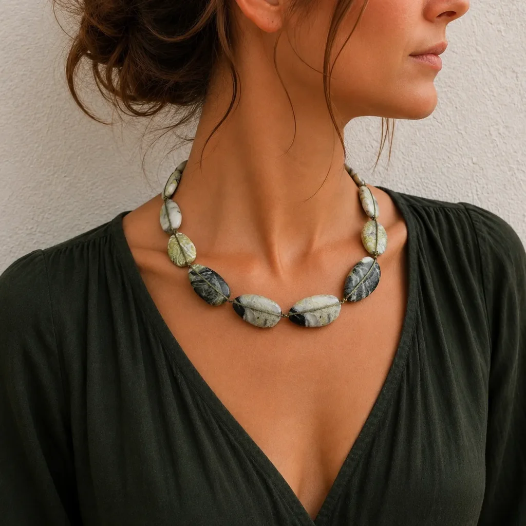 forest whisper – eldorado jasper necklace model forest whisper – eldorado jasper necklace model