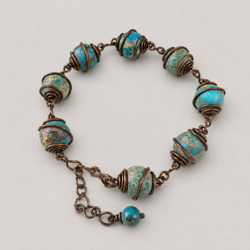 sea sediment jasper wire wrapped bracelet with charm bead