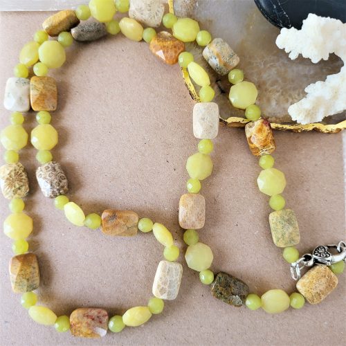 Brown fossil coral and green quartz necklace with heart shaped clasp