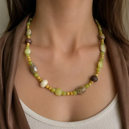 brown fossil coral and green quartz necklace with toggle clasp xnc