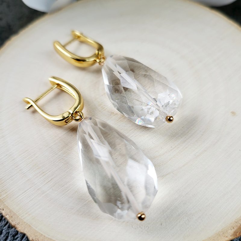 Clear crystal rock quartz earrings in gold