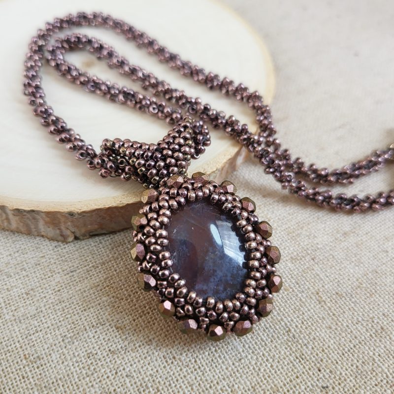 Dark Rose Botswana agate pendant on seed bead rope