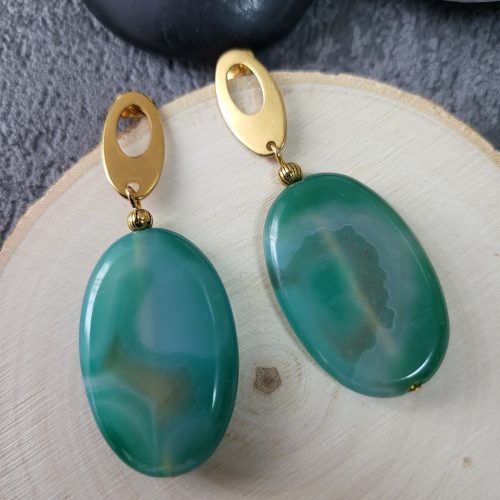 Green agate large oval earrings with gold stud