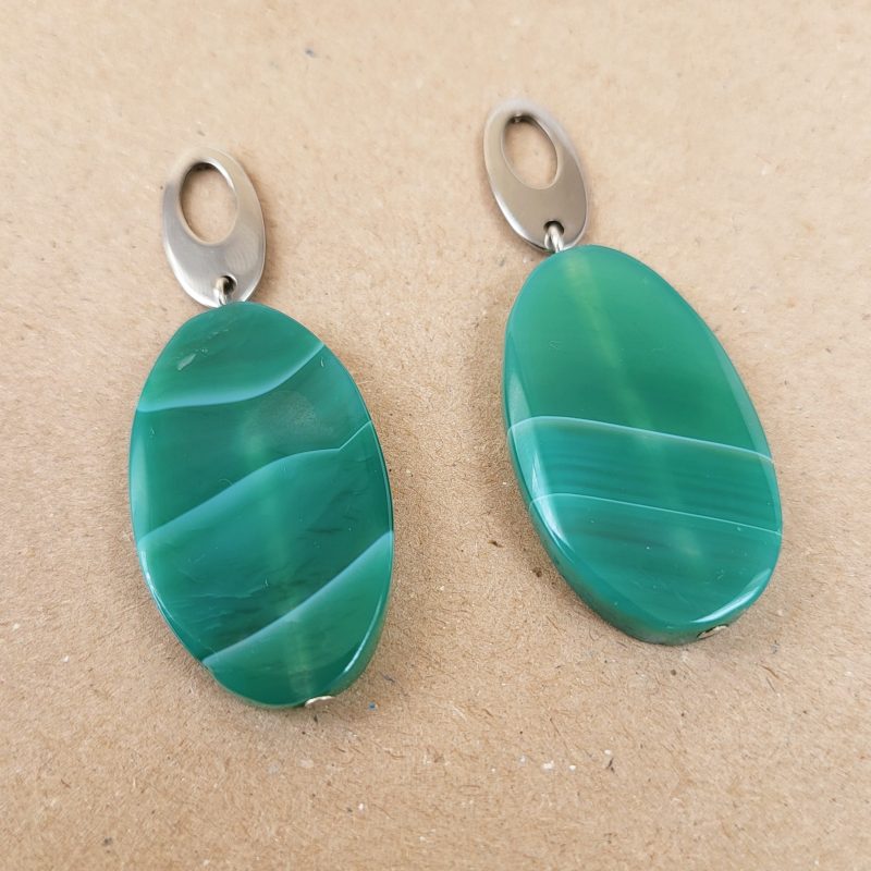 Green agate large oval earrings with silver stud