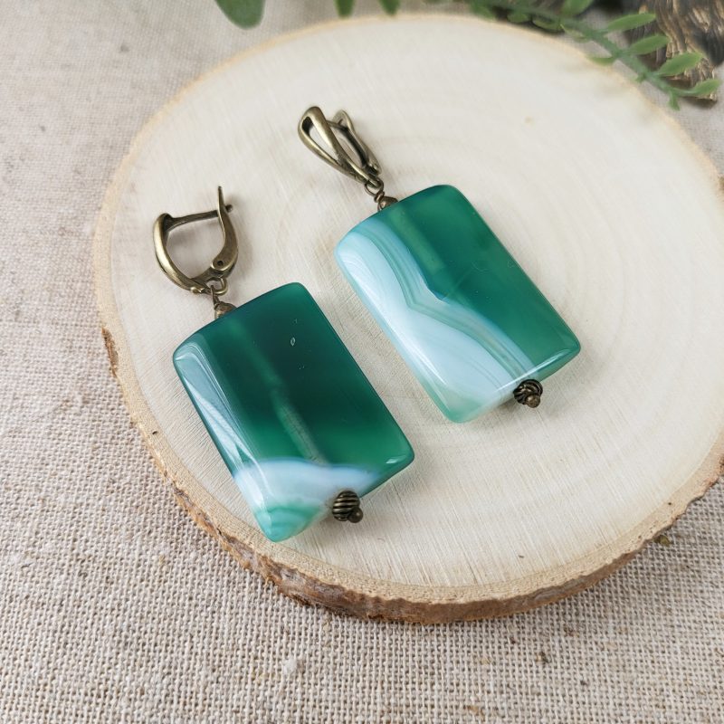 Green agate large rectangular earrings