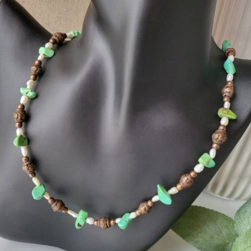 Hidden Shore necklace with green turquoise and white pearls