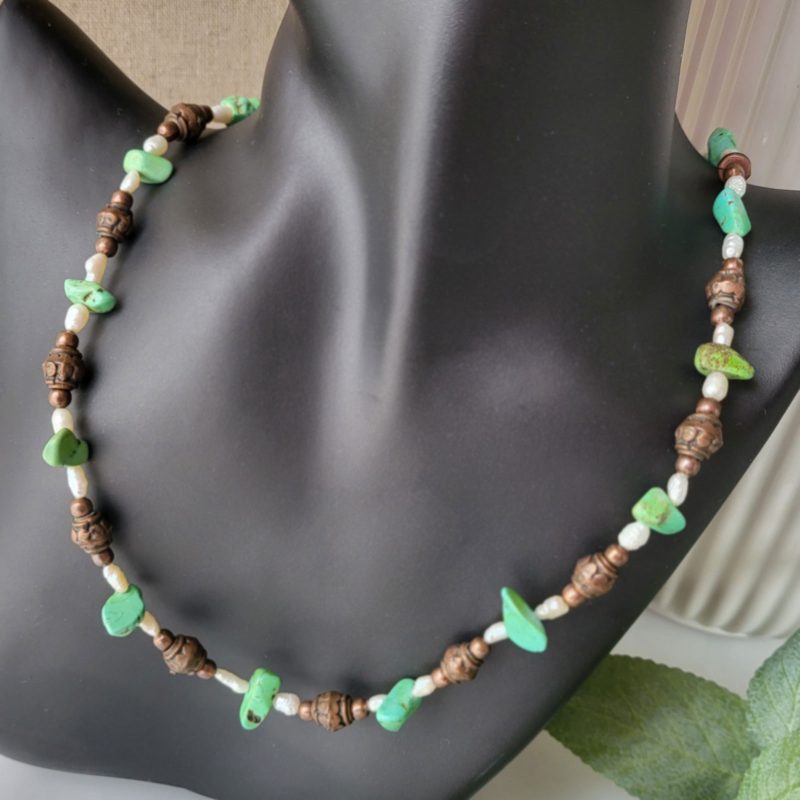 Hidden Shore necklace with green turquoise and white pearls