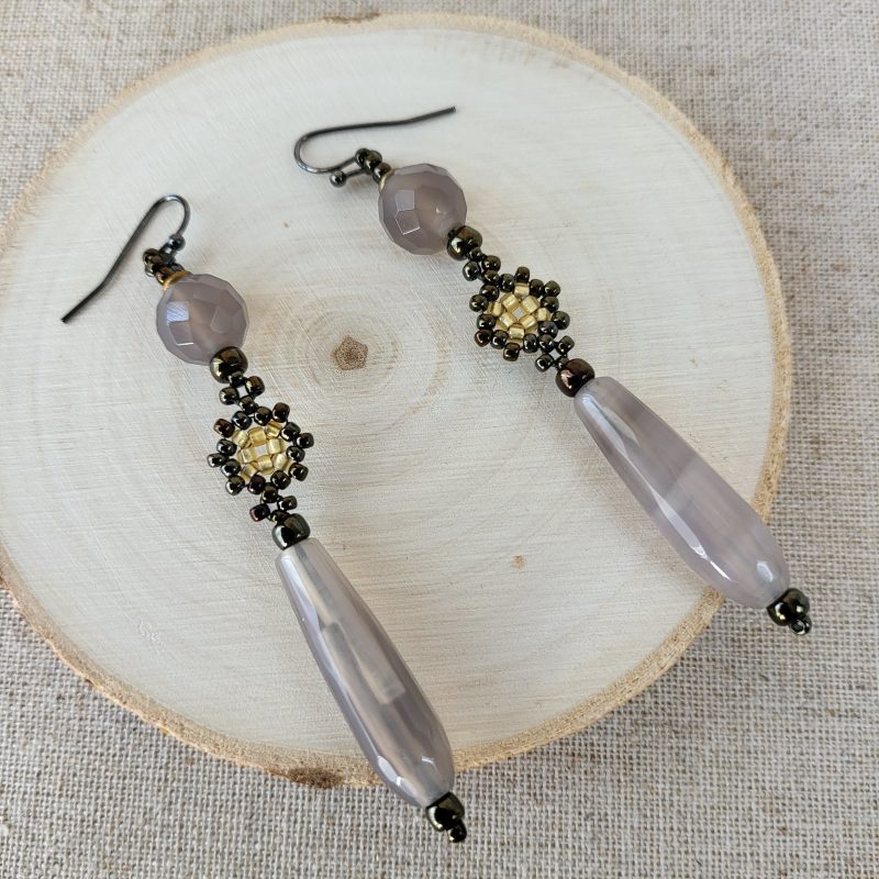 Grey agate long drop earrings with seed bead connector