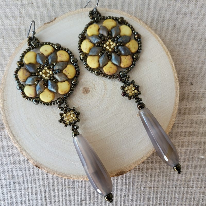Grey agate long drop mandala earrings with seed bead connector