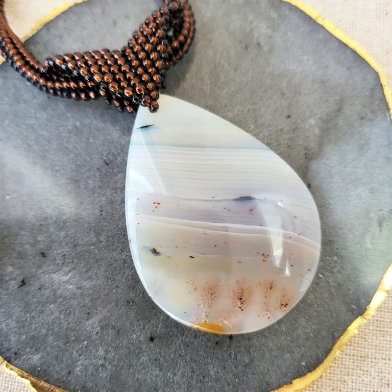 Grey banded agate teardrop pendant on seed bead rope