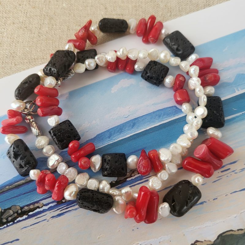 Lava stone, red coral, and freshwater pearl necklace