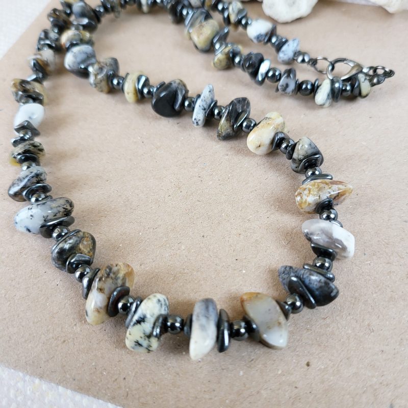 Moss agate and hematite necklace