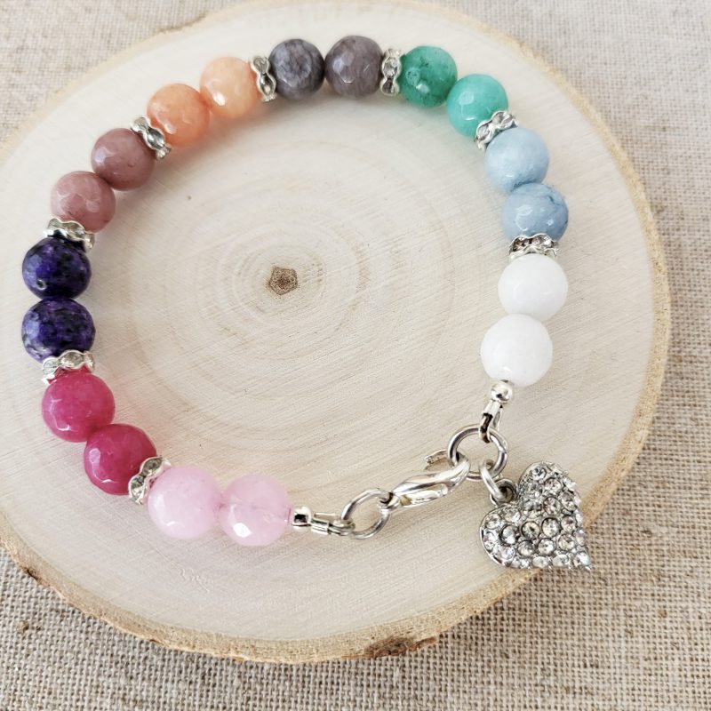 Multicolour gemstone bracelet with crystal heart charm