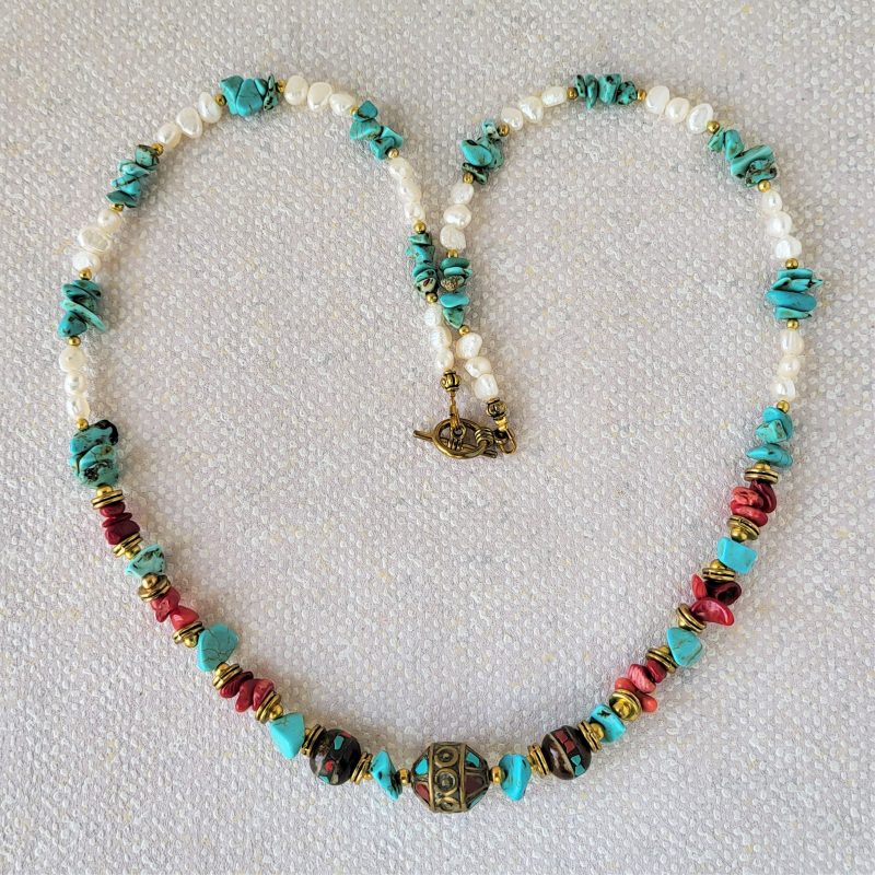 Pearl, turquoise, and coral necklace