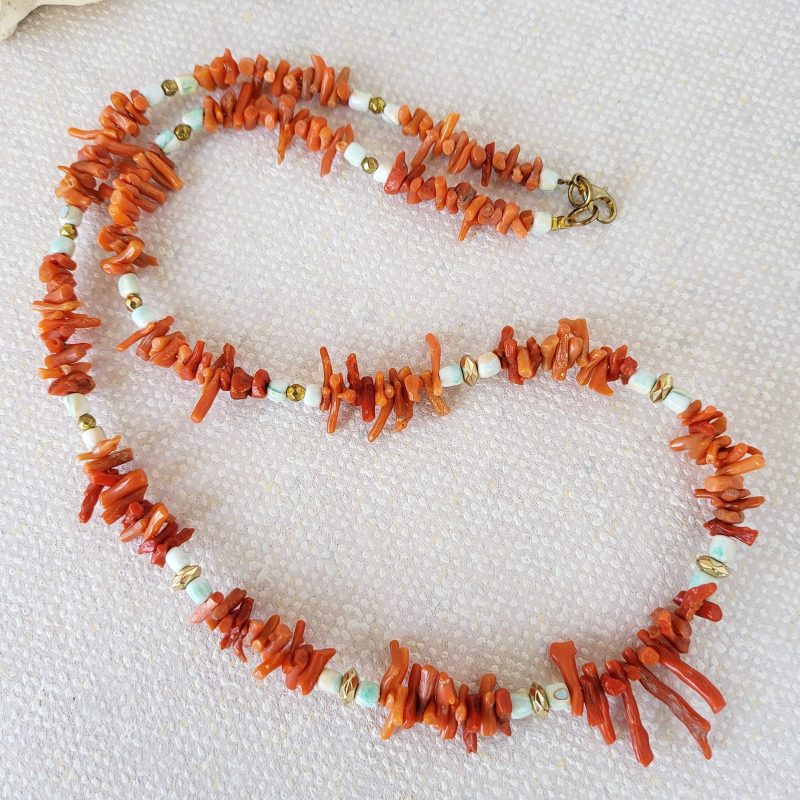 Red coral branches necklace with ceramic and gold beads