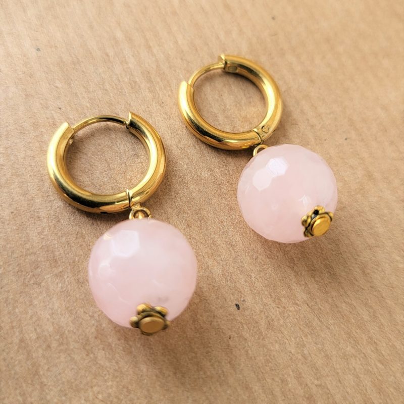 Rose quartz earrings with golden hoops