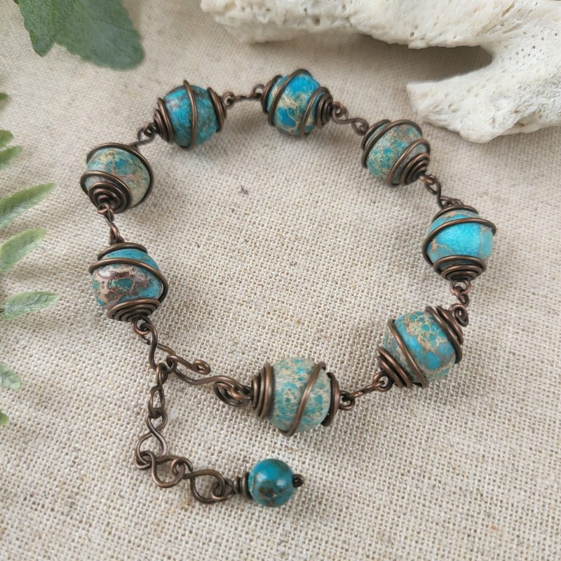 Sea sediment jasper wire wrapped bracelet with charm bead