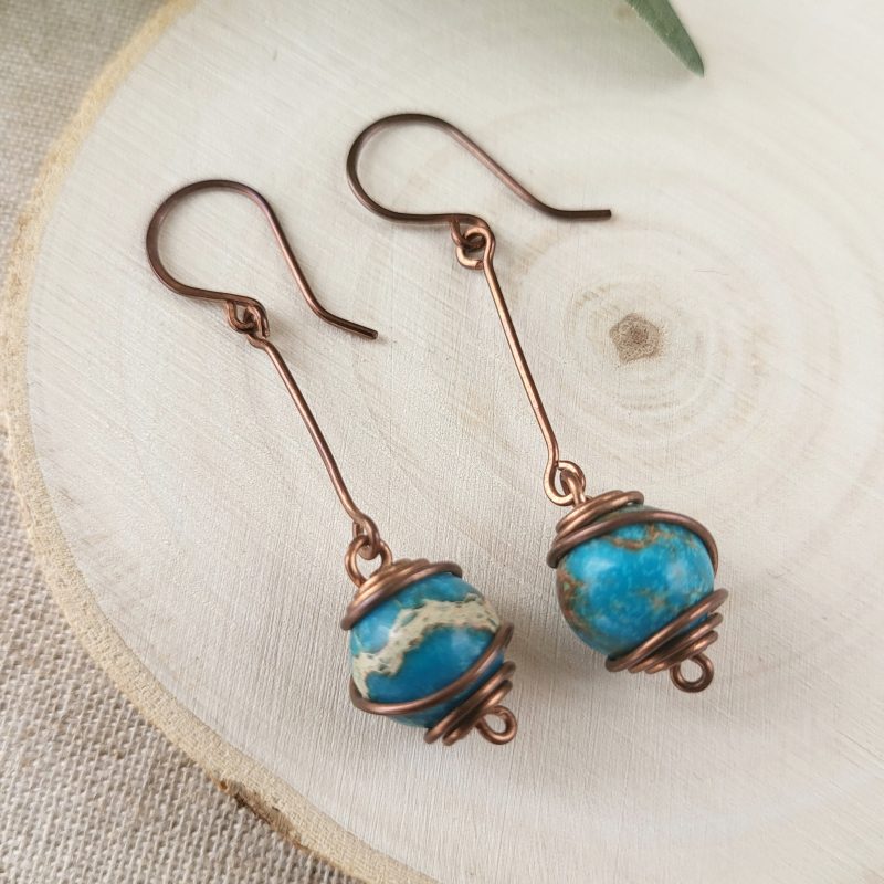 Sea sediment jasper pendulum wire wrapped earrings