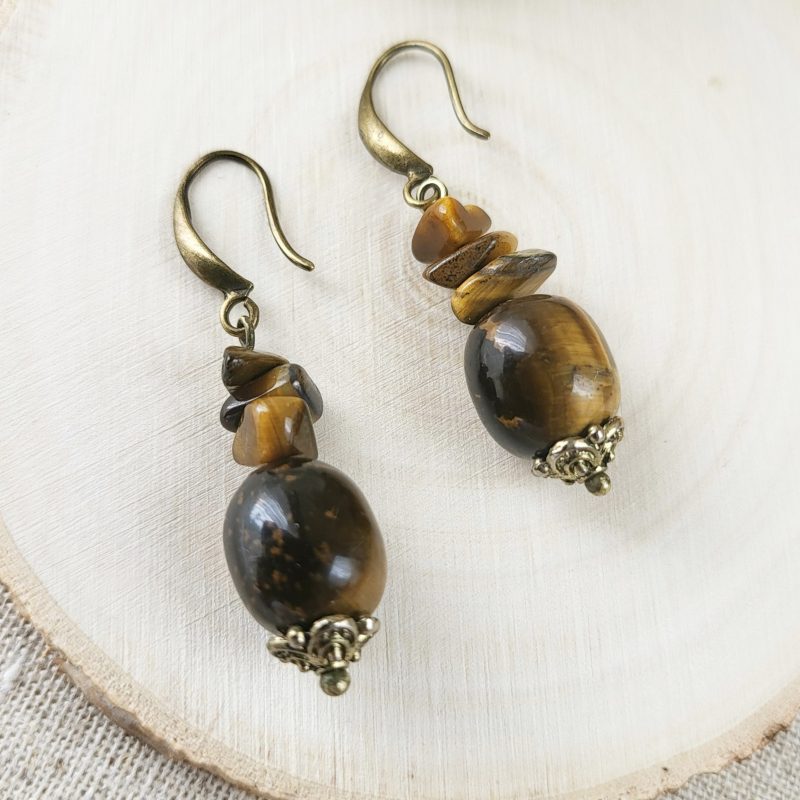 Tiger's eye drop earrings in antique gold
