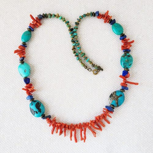 Turquoise, lapis lazuli, and red coral necklace