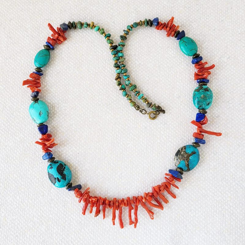 Turquoise, lapis lazuli, and red coral necklace