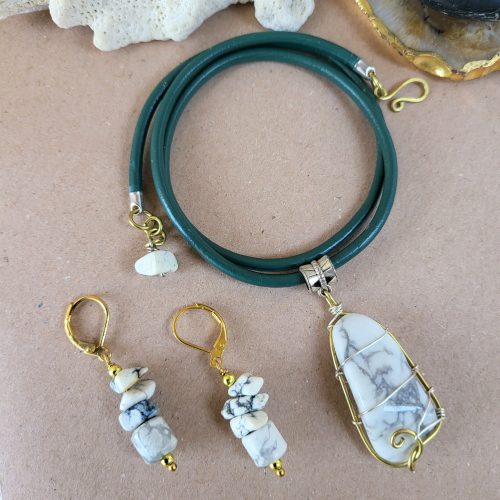 White howlite wire wrapped pendant and earrings