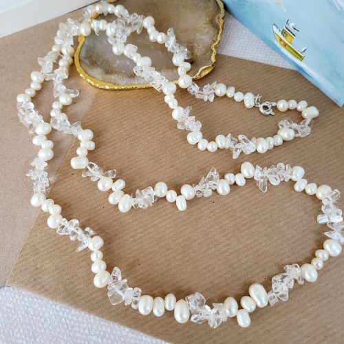 White pearl and clear rock crystal long necklace