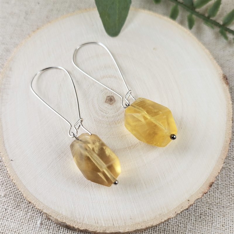 Yellow citrine Boho drop earrings, silver plated hooks