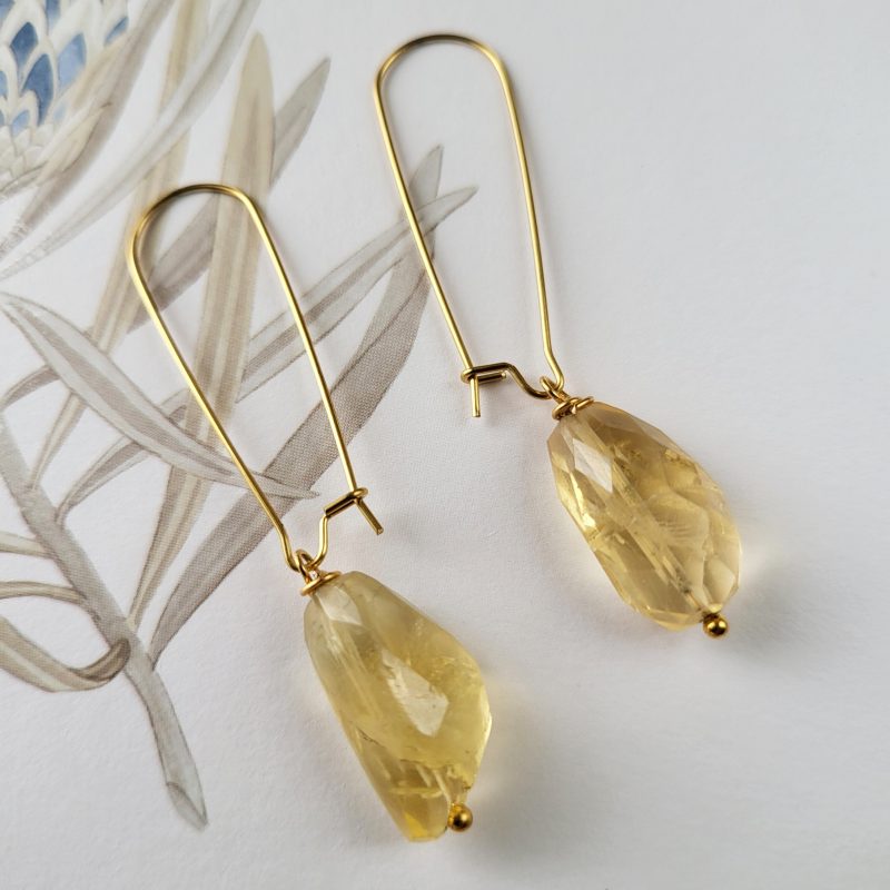 Yellow citrine Boho drop earrings, gold plated hooks