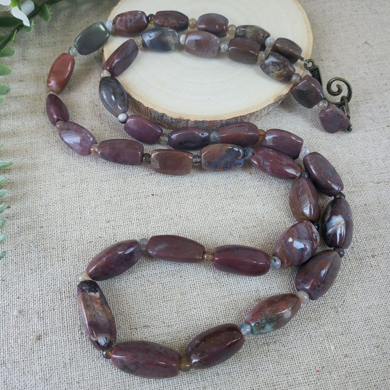 Rose pink and grey agate long necklace