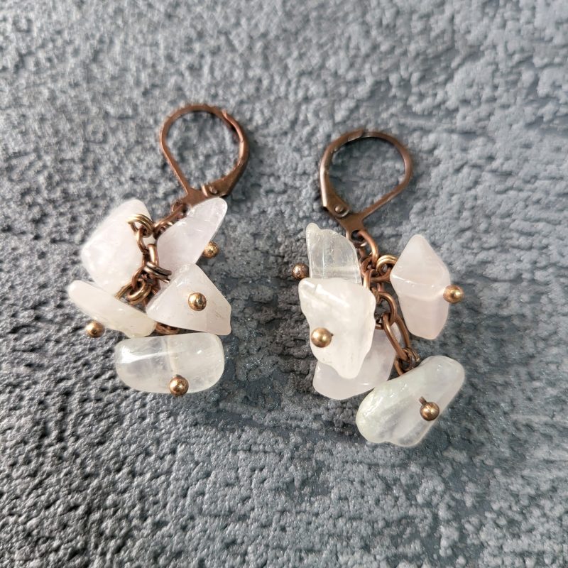 Rose quartz chips on antique copper chain earrings