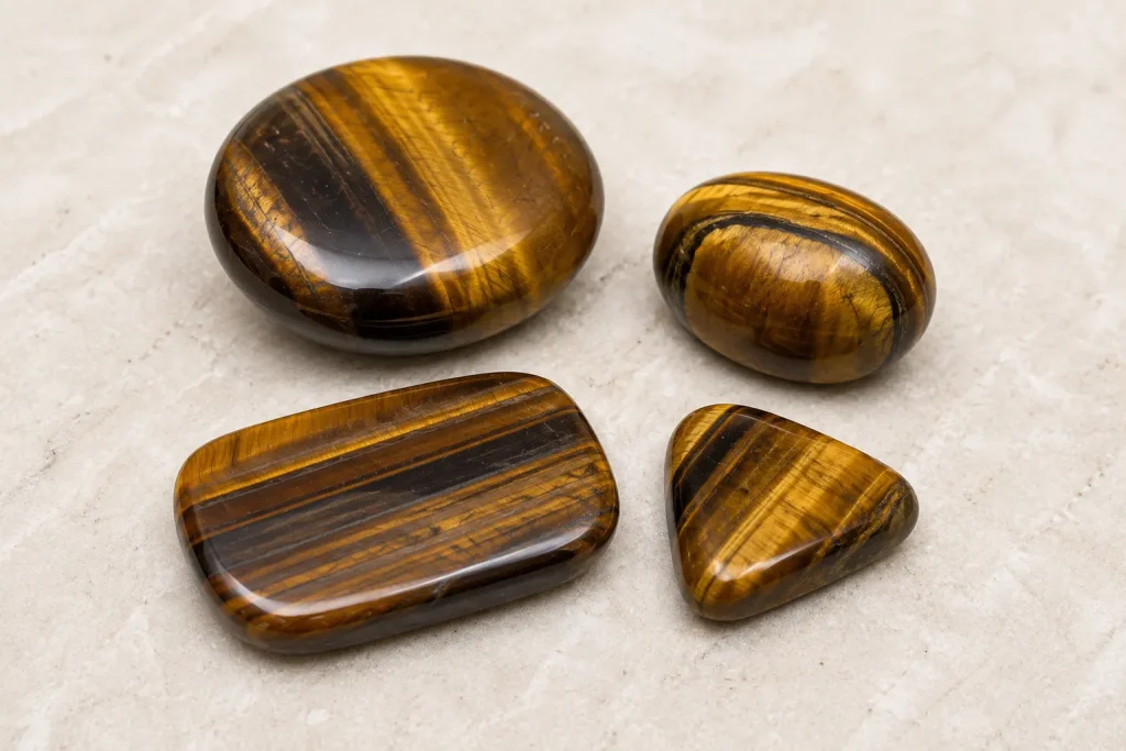 polished tiger’s eye stones on marble xnc