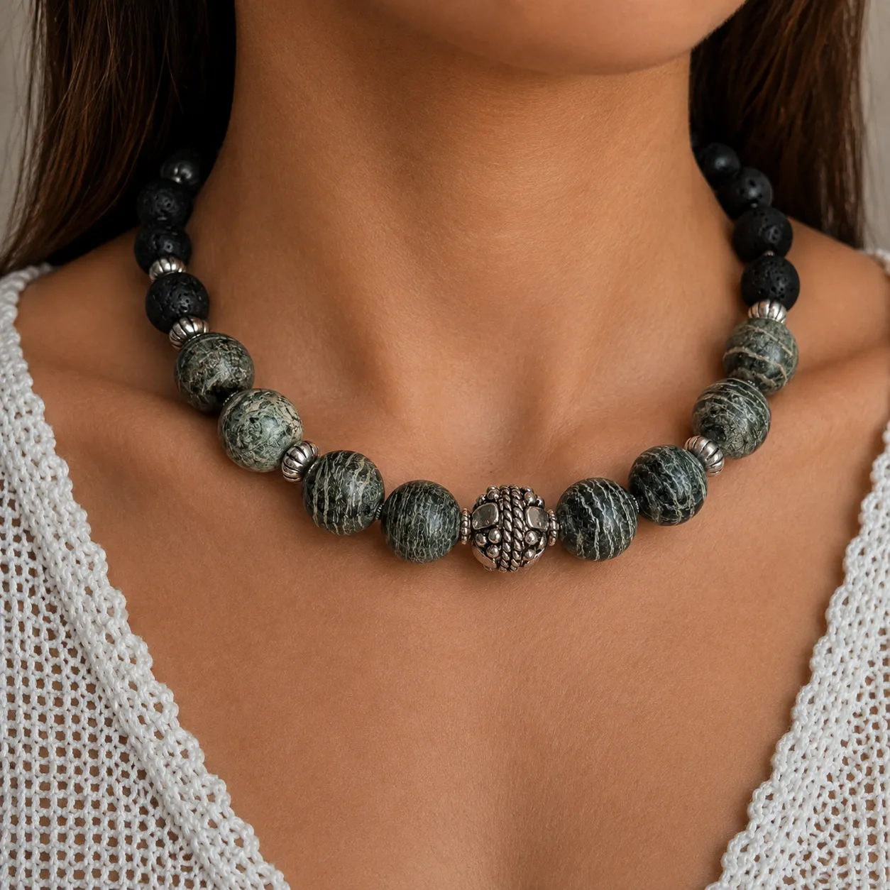 moss & ash – serpentine and lava stone necklace (4) xnc moss & ash – serpentine and lava stone necklace (4) xnc