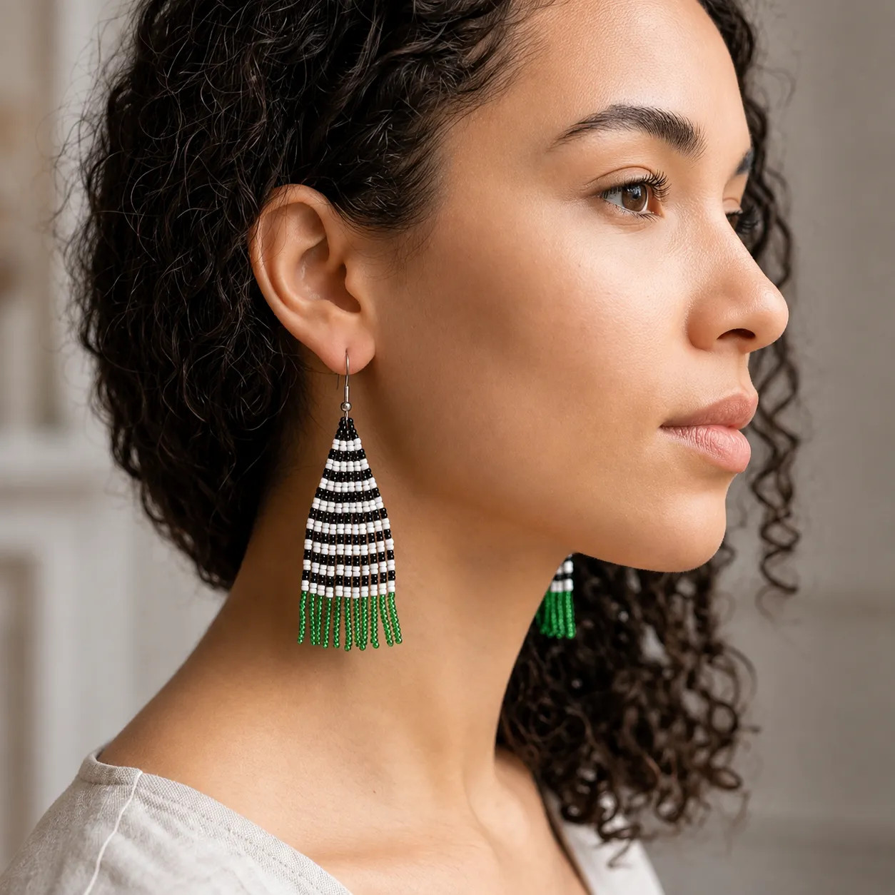 green black white seed bead fringe earrings (3) xnc green black white seed bead fringe earrings (3) xnc