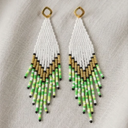 green white gold fringe seed bead earrings (2) xnc