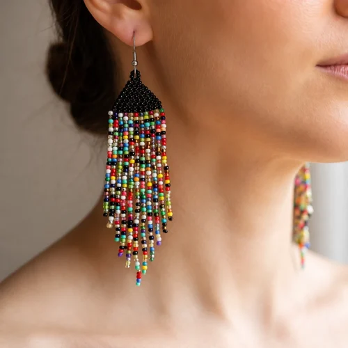 multicolour and black seed bead fringe earrings (2) xnc