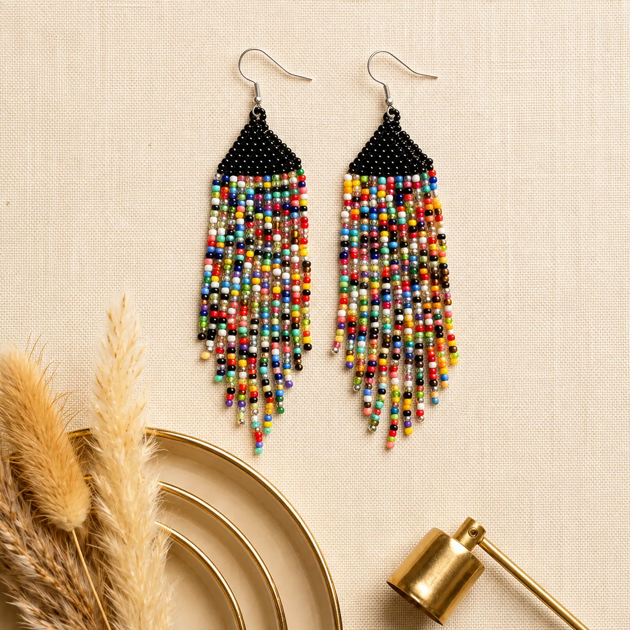 multicolour and black seed bead fringe earrings (3) xnc multicolour and black seed bead fringe earrings (3) xnc