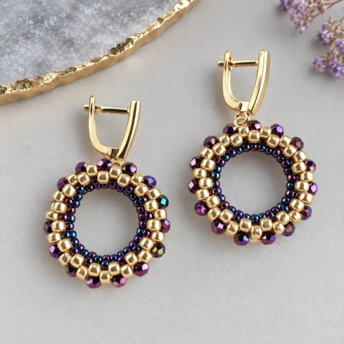 dragonfly glow – purple & gold beaded hoop earrings (1) xnc