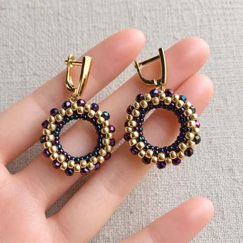 dragonfly glow – purple & gold beaded hoop earrings (2) xnc